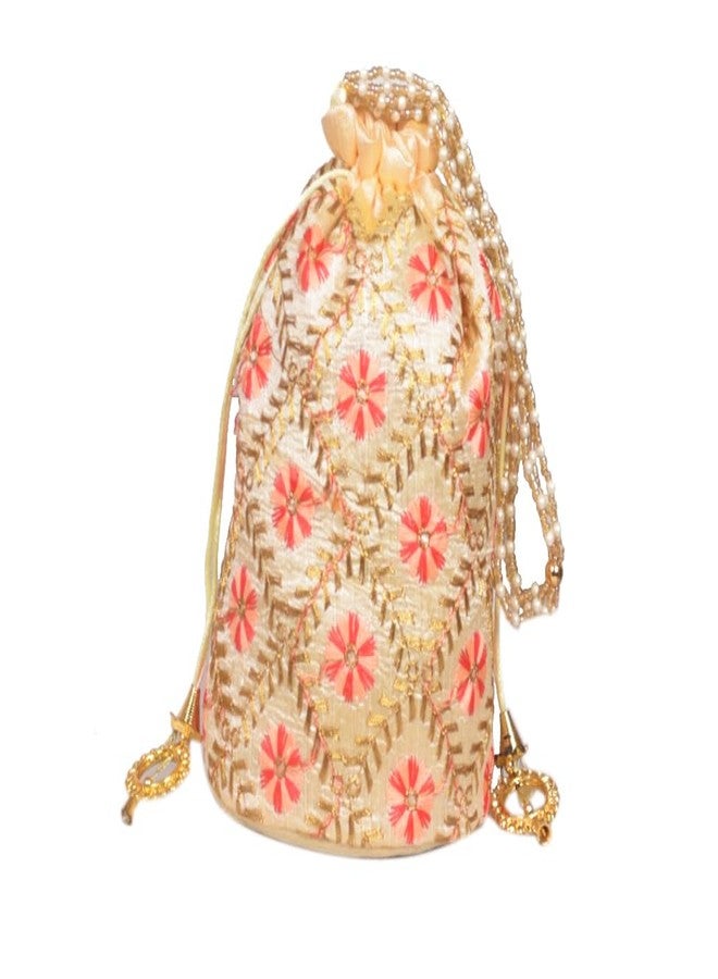 SuneshCreation Traditional Potli Bag, Embroidered with Beads and Sequins, Golden With Multicolour Motifs, Gold Drawstring, Wedding Party Festive Clutch (beidge) - Image 3